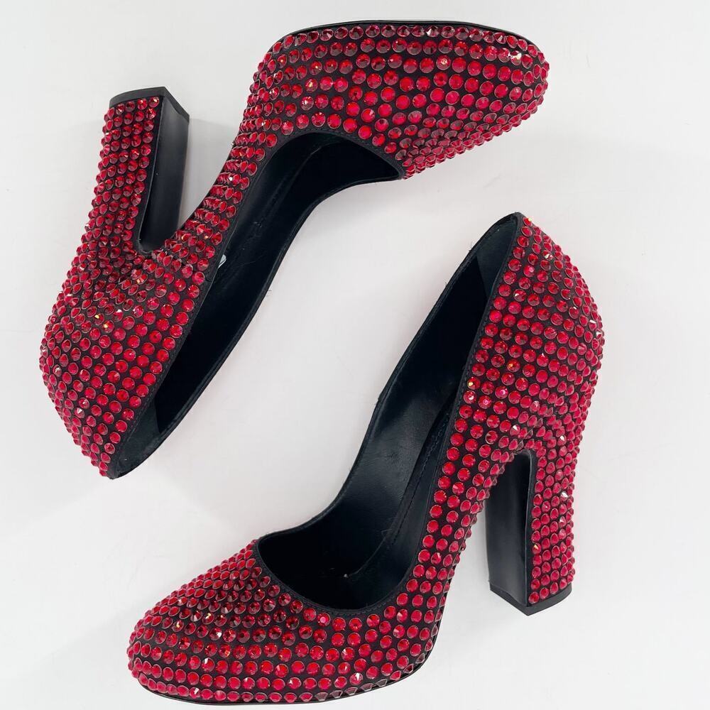 Prada Red Crystal Covered Satin Block Heel Ruby Slipper Pumps IT 37.5 Runway - Picture 6 of 12